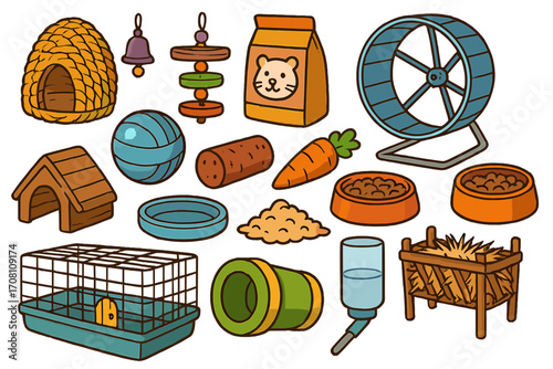 Big set of pet shop accessories for small domestic animals. Cartoon hamster, gerbil, and guinea pig supplies. Vector icons of cage, running wheel, food, toys, and bedding.