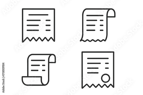 Set of receipt icons. Bill, invoice and check icon collection. Financial operations, payment, shopping concept. Line art vector illustration for business and finance.