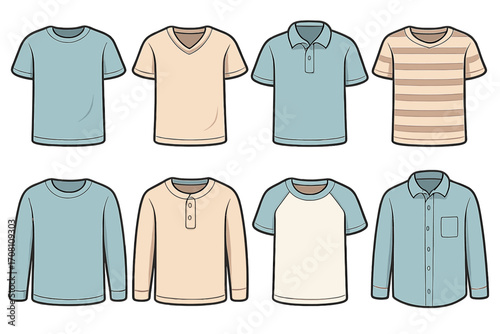 Men's shirt collection vector set. T-shirt, polo, henley, and raglan styles. Casual fashion apparel illustration. Menswear clothing templates for design and mockup.