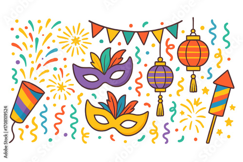 Carnival party celebration vector set. Cartoon collection with festival mask, firework, confetti popper, lantern. Festive holiday icons for birthday, new year. Doodle design.