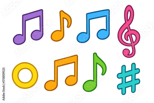 Colorful music notes vector icon set. Cartoon musical symbols collection for sound and melody. Treble clef, sharp, and song signs. Flat design elements for audio concepts.