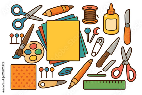 Art and craft supplies for creative projects. Collection of crafting tools and materials for school, DIY, and handmade hobbies. Vector cartoon illustration set background.