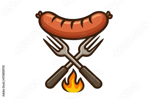 Barbecue logo concept with grilled sausage on crossed forks. BBQ party emblem. Hot grill meat food icon. Vector cartoon bratwurst illustration for restaurant menu design.