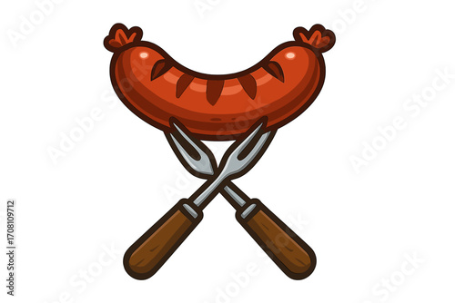 Barbecue logo with grilled sausage on crossed forks. Vector icon for BBQ restaurant or butcher. Cartoon bratwurst illustration for picnic menu or food festival emblem.