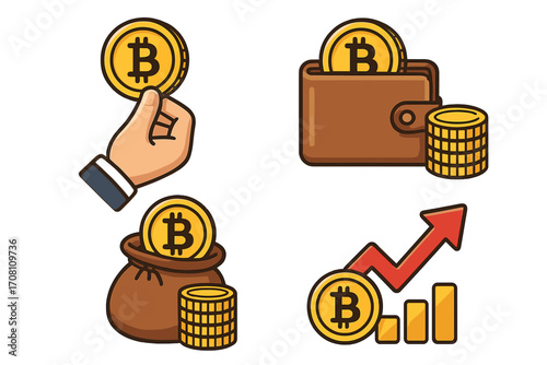 Cryptocurrency icons set. Bitcoin investment, savings, and financial growth. Digital currency transaction concept. Crypto wallet, money bag, and stock market chart vector.