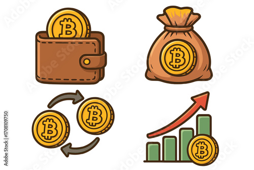 Cryptocurrency bitcoin icon set for investment, savings, and financial growth. Digital currency transaction, crypto wallet, money bag, exchange, and profit chart vector cartoon.
