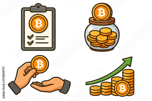 Cryptocurrency investment icon set. Bitcoin savings and financial growth. Digital currency transaction. Vector crypto money, finance payment, exchange and profit concept.