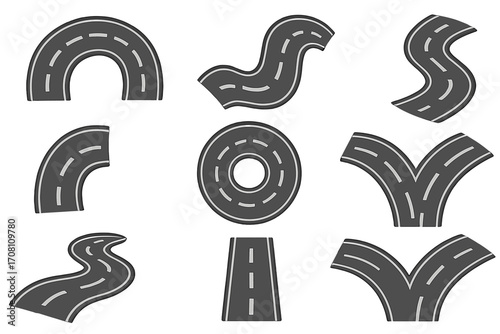 Winding road and street elements set for map constructor. Curvy highway path, asphalt route parts, turn, fork, junction, and roundabout. Vector cartoon icons isolated.