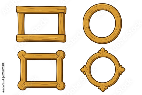 Set of wooden frames for game UI. Cartoon rustic wood borders collection. Empty vintage rectangular and round picture frames for graphic design projects or user interface.