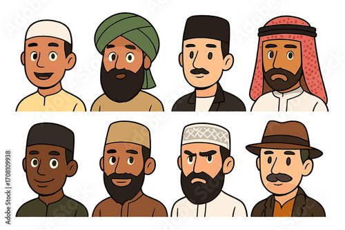 Set of diverse male portraits. Multicultural character avatars. Muslim, Arab, Indian men in traditional headwear. Vector cartoon illustration for community and culture.