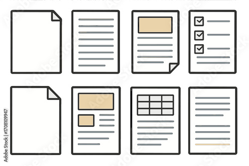 Vector document icon set. Papers, forms, checklist, report, and file collection. Business paperwork concept. Data sheet, contract, page, and survey cartoon illustration.