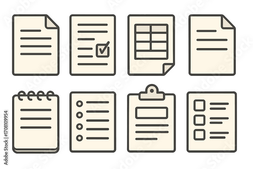 Document icon set. Paper, form, checklist and report symbols. Vector business illustration. Office paperwork, contract, list, clipboard, notebook and to-do list concept.