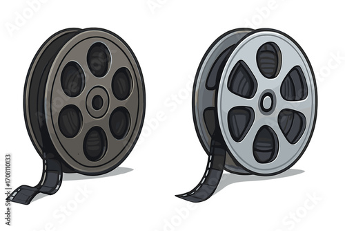 Film reel icon set. Vintage and modern styles. Old retro cinema vs new movie technology concept. Cinematography. Hollywood. Filmstrip. Movie production. Vector illustration.