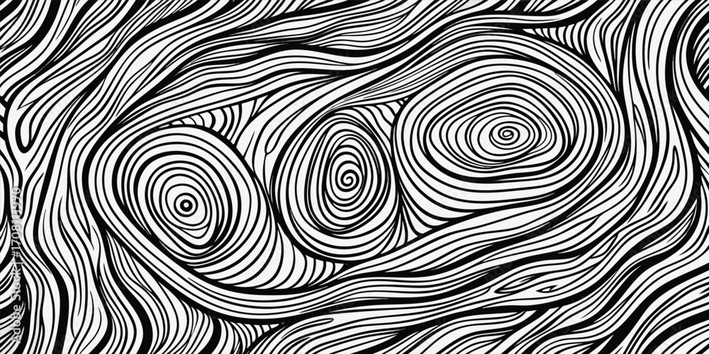 Fototapeta premium Abstract black and white line art featuring three concentric circles intertwined with flowing lines creating a visual texture