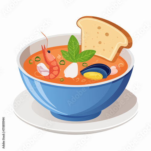 Delicious italian seafood soup with fresh basil and crusty bread, Tuscan cacciucco