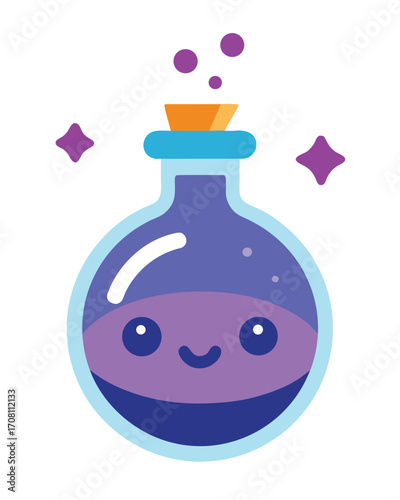Charming vector illustration of a cute potion bottle filled with glowing magical liquid and whimsical elements