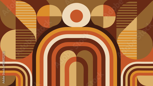 Abstract geometric retro pattern with circles stripes and semicircles in brown orange and beige earthy tones ideal for backgrounds and designs