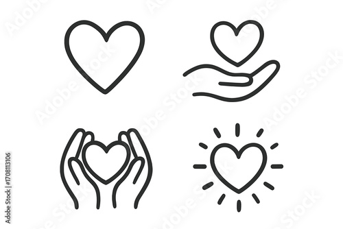 Hand holding heart icon set. Love, care, health, and charity symbol collection. Minimalist line art vector illustration. Donation, support, kindness, and volunteering concept.