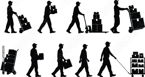 Silhouettes of warehouse workers carrying and moving stacked boxes using hand trucks, pallet jacks, and carts in logistics industry