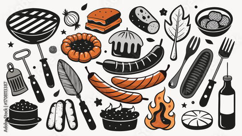 Bbq essentials doodle clipart seamless pattern grill tools sausage bun and condiments featuring hand drawn elements for summer cookout and picnic