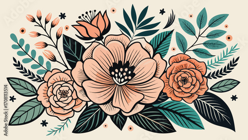 Beautiful floral arrangement with peach roses and lush green leaves,perfect for springtime designs and elegant invitations