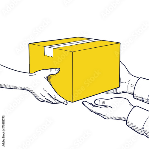 Hand-drawn illustration of two pairs of hands exchanging a sealed yellow cardboard package.