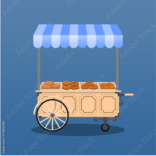 Vintage Bread Cart Vector Illustration, Street Food Stall with Baked Goods, Traditional Bakery Stand with Blue Canopy Isolated on Background for Market and Food Design