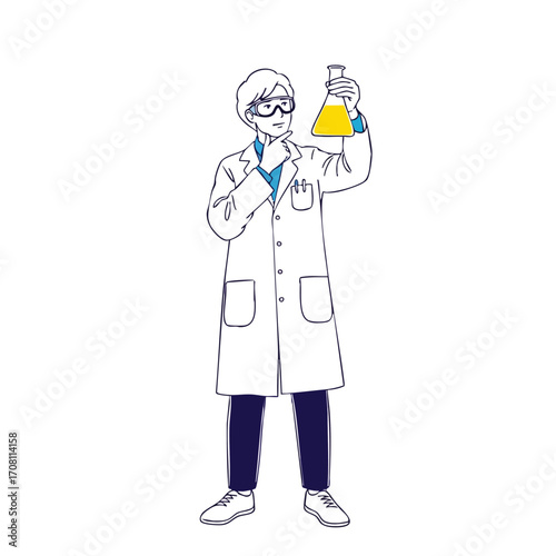 Scientist Examining a Yellow Erlenmeyer Flask.
