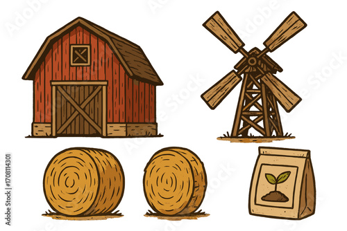 Farm and agriculture icon set. Rustic cartoon vector illustrations of a barn, windmill, hay bale, and seeds. Countryside farming elements collection for graphic design.