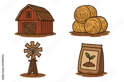 Farming icon set. Agriculture collection. Rustic farm elements. Red barn, hay bale, windmill, seed packet. Organic farming concept. Harvest symbol. Countryside life.