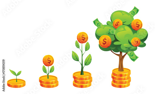 Growing money tree symbolizing long-term financial investment and the concept of passive income. Investment concept design. Vector cartoon illustration