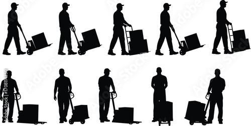 Silhouettes of workers using pallet jacks and hand trucks to move boxes in warehouse and logistics industry vector illustration