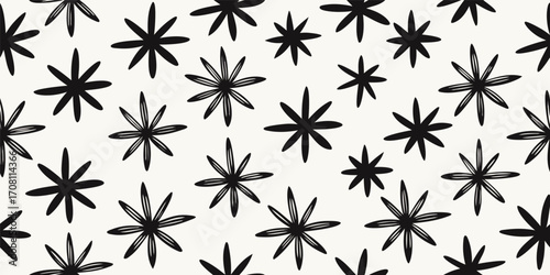 Black and white seamless pattern of stylized floral elements for backgrounds or textile design with natural minimalist aesthetic