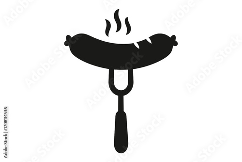 Grilled sausage on fork icon. Hot steaming bratwurst silhouette for barbecue menu design. BBQ cookout symbol. Meat food vector. Simple black frankfurter sign isolated.