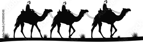 Silhouette of three camels with riders in traditional Middle Eastern attire walking across desert landscape, travel and cultural journey scene
