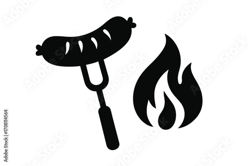 Barbecue grill icon with sausage on a fork and fire flame. Simple flat vector silhouette symbol for grilling, cookout, picnic, or camping. Grilled bratwurst or hot dog concept.