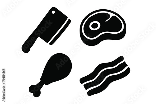 Meat icon set with cleaver, steak, chicken leg and bacon. Simple glyph silhouette for butcher shop, food logo or grocery store. Vector graphic for barbecue, grilling and protein.