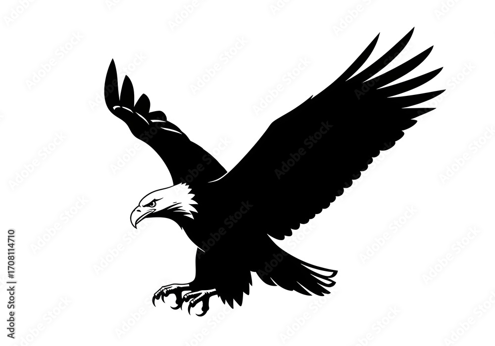 Obraz premium Black eagle in flight with wings spread against a white background
