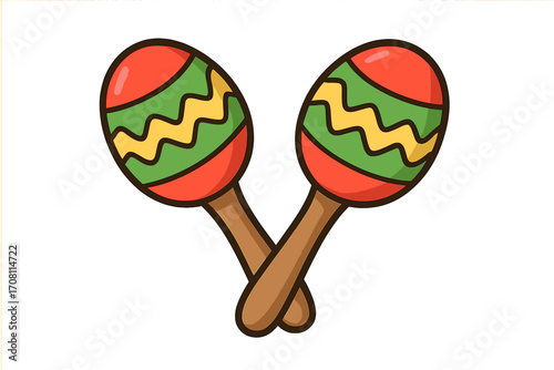 Cartoon maracas vector icon. A colorful pair of crossed rumba shakers. Musical percussion instrument for Latin fiesta, party, and celebration. Cinco de Mayo clipart graphic.