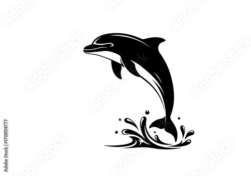 Vector silhouette of a wild aquatic mammal, a dolphin jumping over the ocean, isolated on a white background