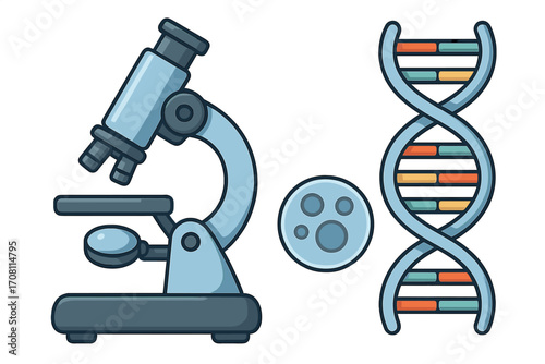 Science research concept with microscope, DNA double helix and cells in petri dish. Molecular biology, genetics, and biotechnology laboratory analysis. Genetic engineering study.