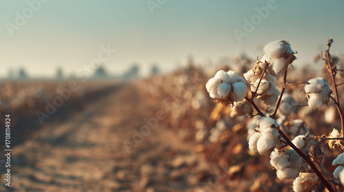 Country Road Divides Cotton Field With White Bolls On Sunny Day