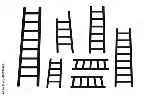 Set of black ladder icons. Metaphor for career growth, success, and progress. Step-by-step to achieve goals. Business concept of opportunity, ambition, and challenges. Vector.