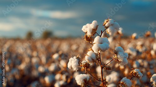 Cotton Field Plants Ready For Harvest Under Clear Blue Sky