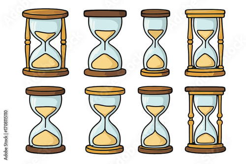 Set of various hourglass designs. Cartoon vector illustration of sand clocks. Time passing, deadline, and time management concept. Collection of multiple sandglass styles.