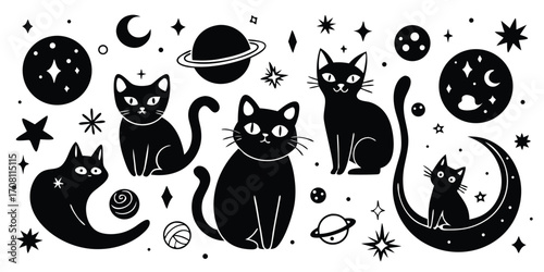 Celestial cats mystical night black cats stars planets crescent moon vector illustration cosmic felines night sky elements