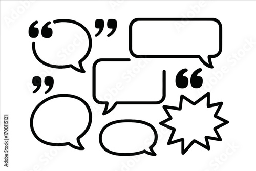 Set of speech bubbles and quotation marks. Vector illustration. Communication, dialogue, quote concept. Empty text box for message, chat, or comment. Comic book elements. Doodle style.