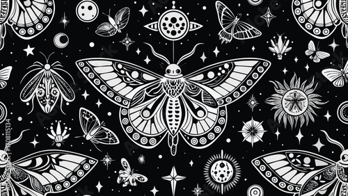 Celestial moths stars seamless pattern intricate details space theme ornate butterfly designs decorative vector illustration occult aesthetic black and white mystical wallpaper
