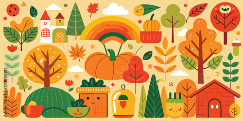 Charming autumnal vector illustration with pumpkins trees and buildings depicting the whimsical beauty of the season for decorative fall designs and backgrounds