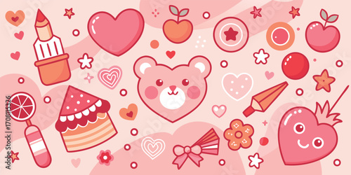 Charming pink doodle collection featuring hearts stars flowers and cute objects perfect for valentines day or girly designs